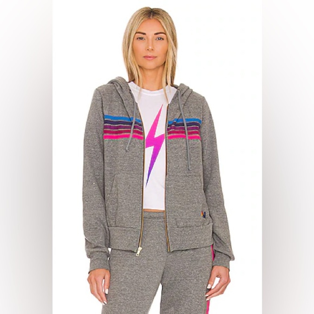Aviator Nation 5 Stripe Full Zip Up Hoodie Dark Heather Grey Size Large Women